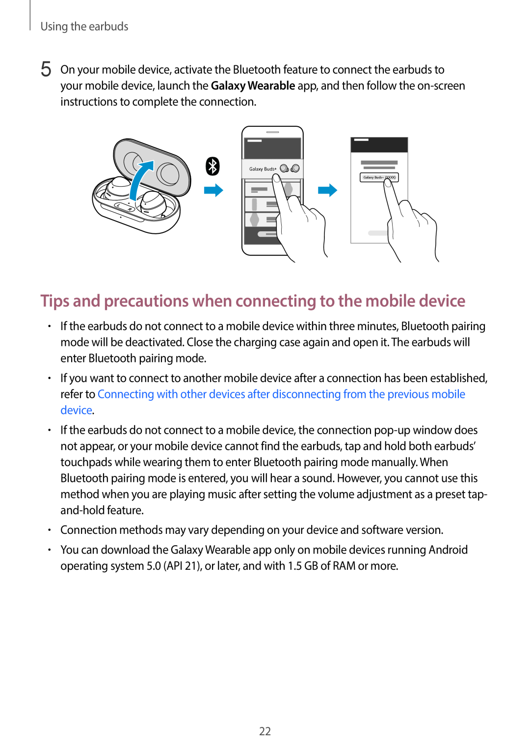 Tips and precautions when connecting to the mobile device Galaxy Buds Galaxy Buds+