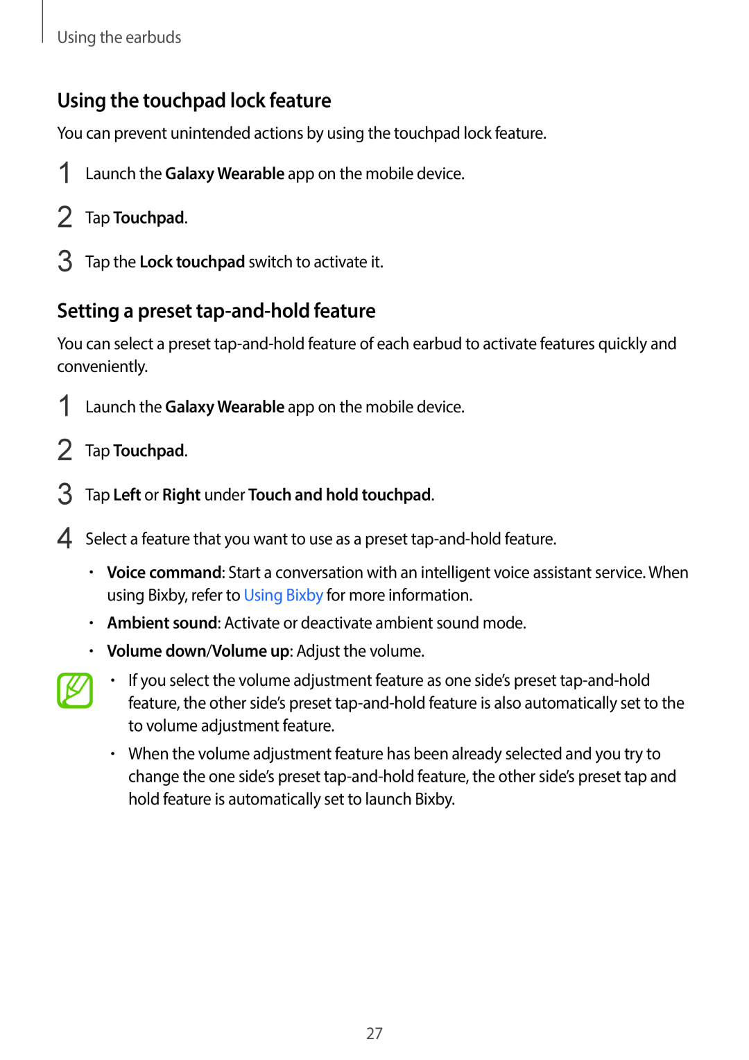 Using the touchpad lock feature Galaxy Buds Galaxy Buds+