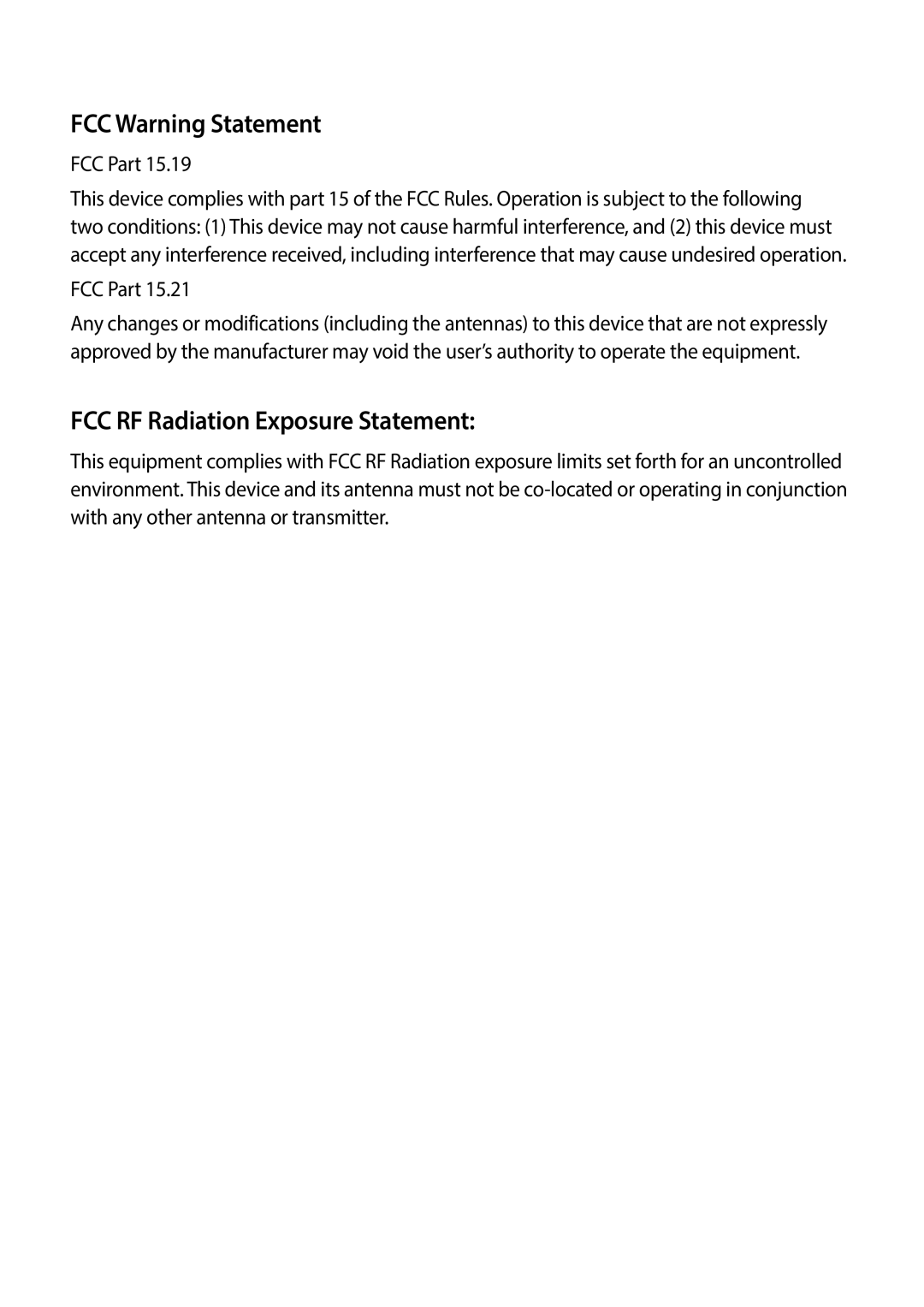 FCC Warning Statement FCC RF Radiation Exposure Statement: