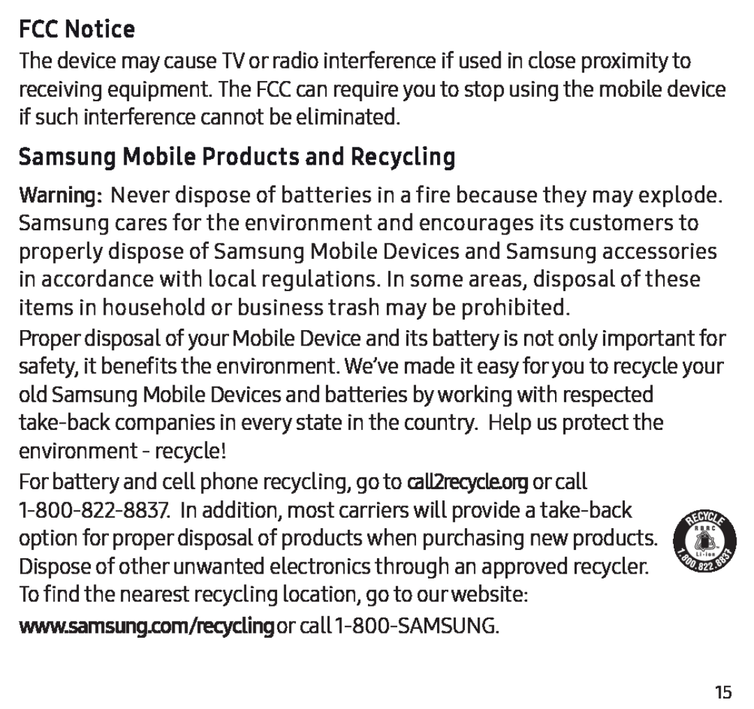 Warning: www.samsung.com/recyclingor call 1-800-SAMSUNG