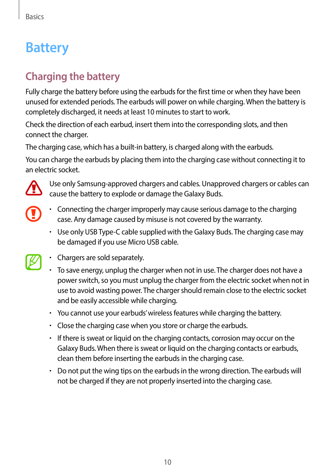 Charging the battery Galaxy Buds Galaxy Buds