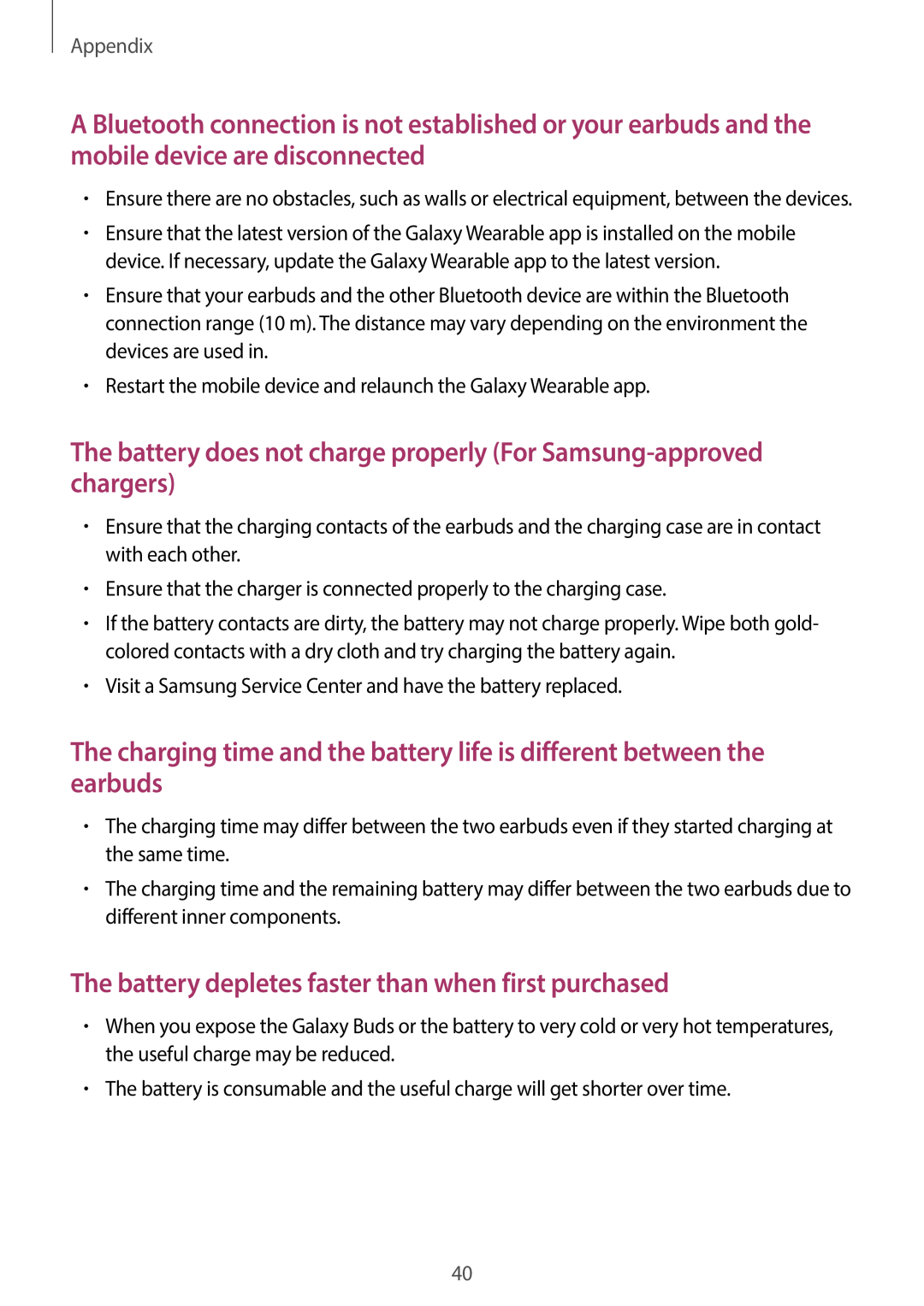 The battery does not charge properly (For Samsung-approvedchargers) The charging time and the battery life is different between the earbuds