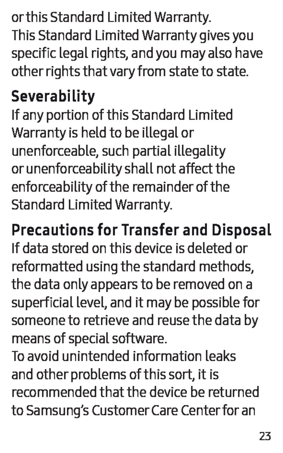 Precautions for Transfer and Disposal Severability