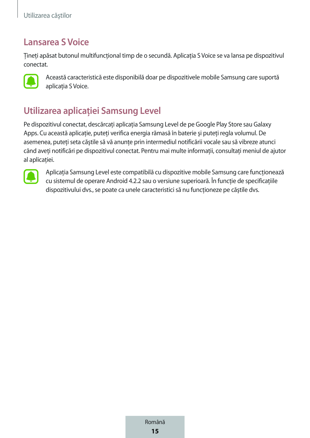 Lansarea S Voice Utilizarea aplicaţiei Samsung Level