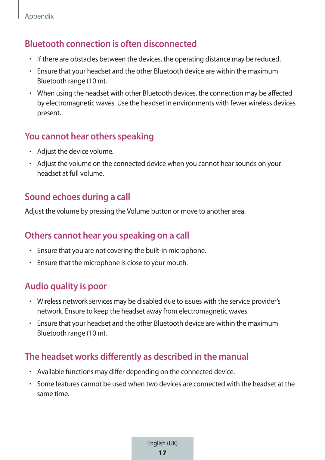 Bluetooth connection is often disconnected You cannot hear others speaking