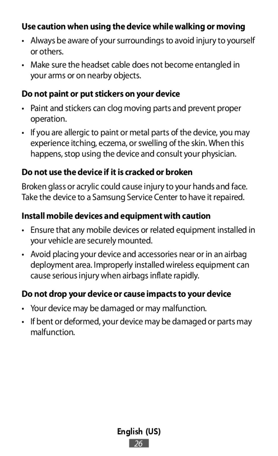 Do not drop your device or cause impacts to your device English (US)