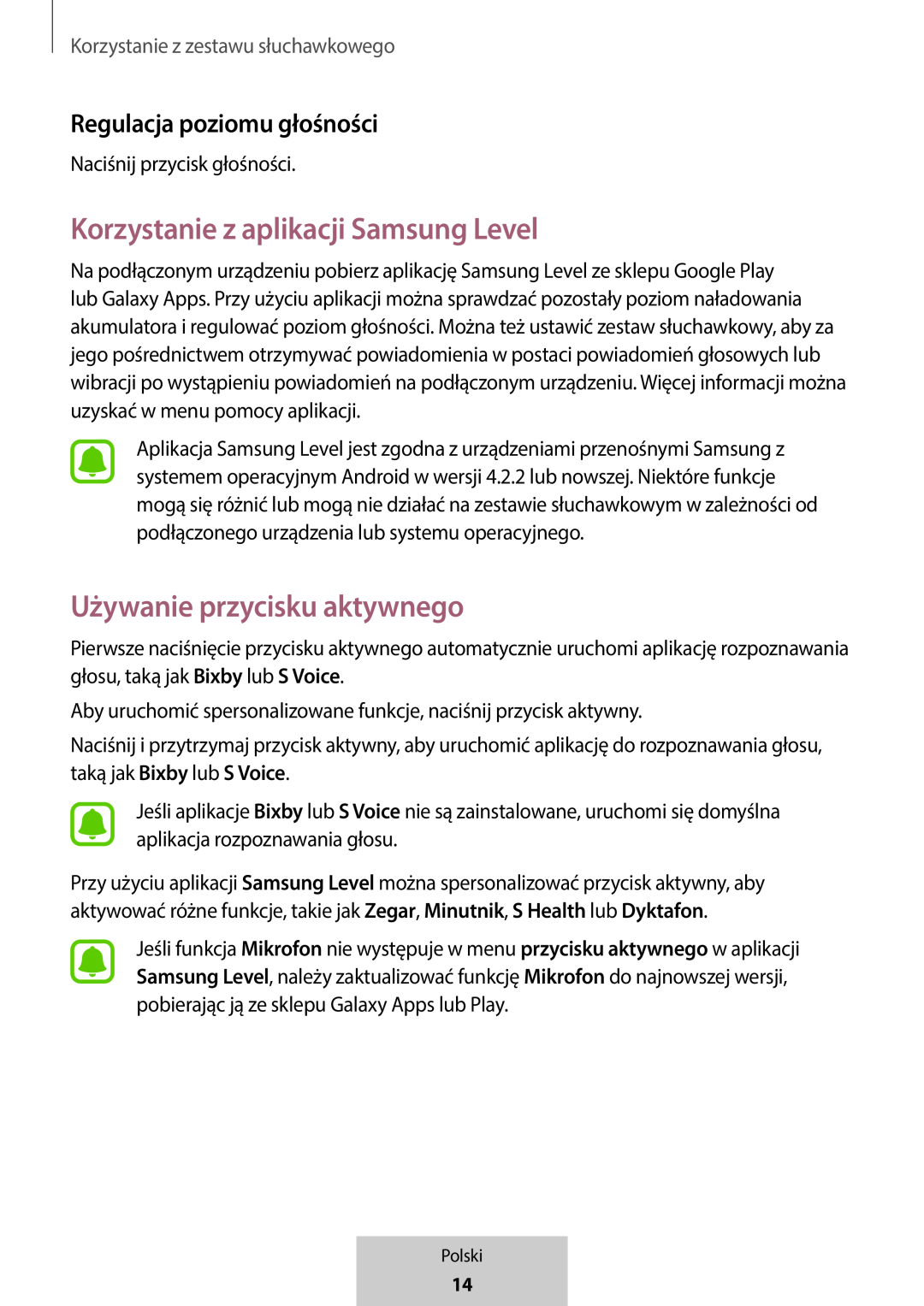 Korzystanie z aplikacji Samsung Level Używanie przycisku aktywnego