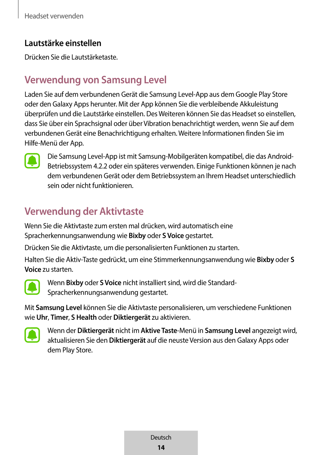 Verwendung von Samsung Level Verwendung der Aktivtaste