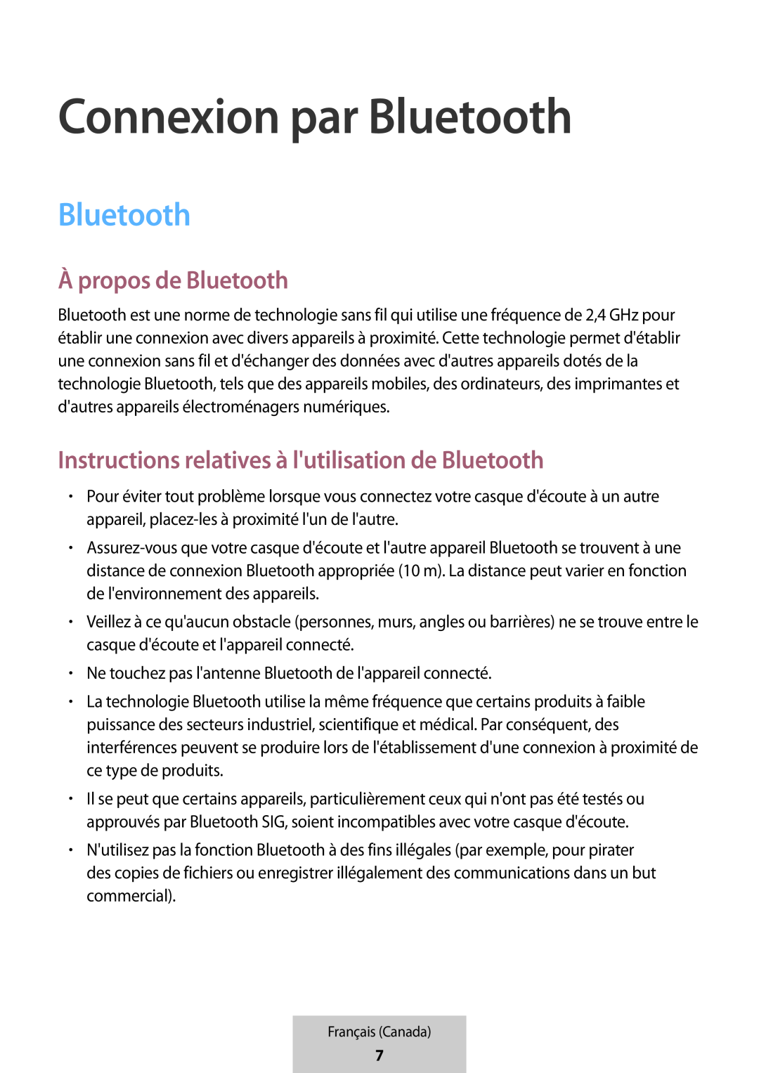 Connexion par Bluetooth Instructions relatives à l'utilisation de Bluetooth