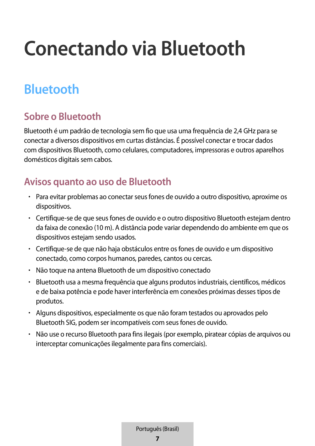 Conectando via Bluetooth Avisos quanto ao uso de Bluetooth