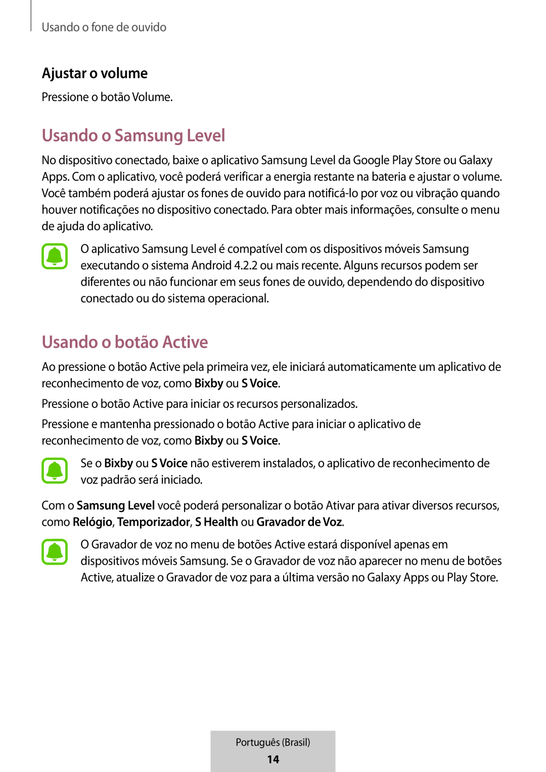 Usando o Samsung Level Usando o botão Active