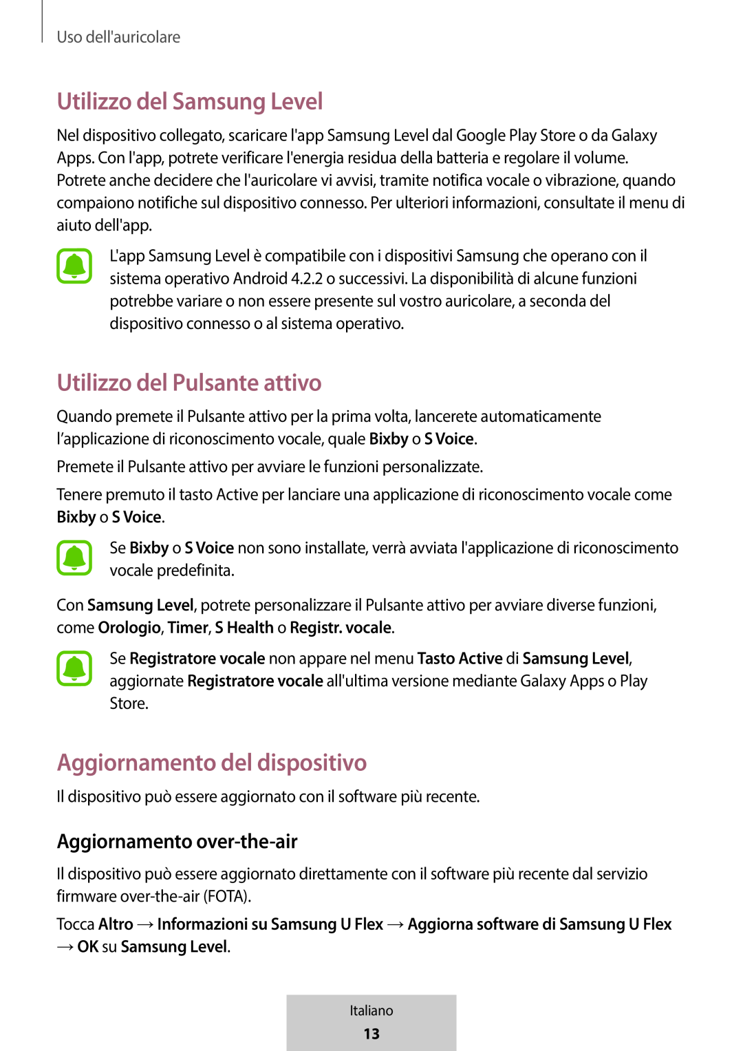 Aggiornamento over-the-air Utilizzo del Samsung Level