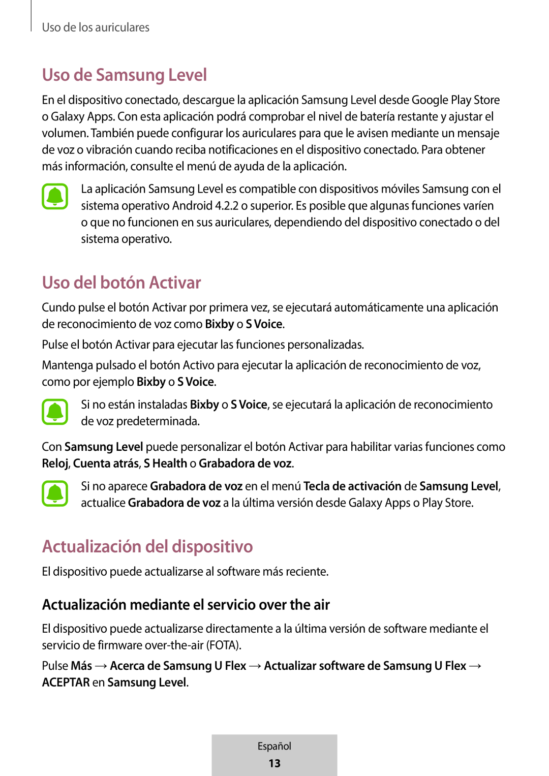 Actualización mediante el servicio over the air Uso de Samsung Level