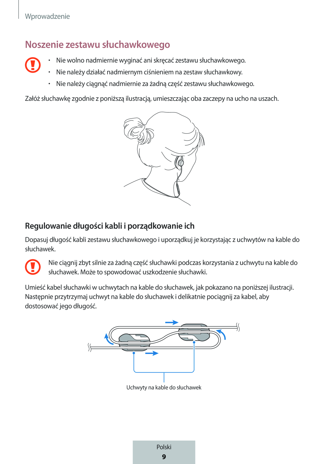 Regulowanie długości kabli i porządkowanie ich Noszenie zestawu słuchawkowego