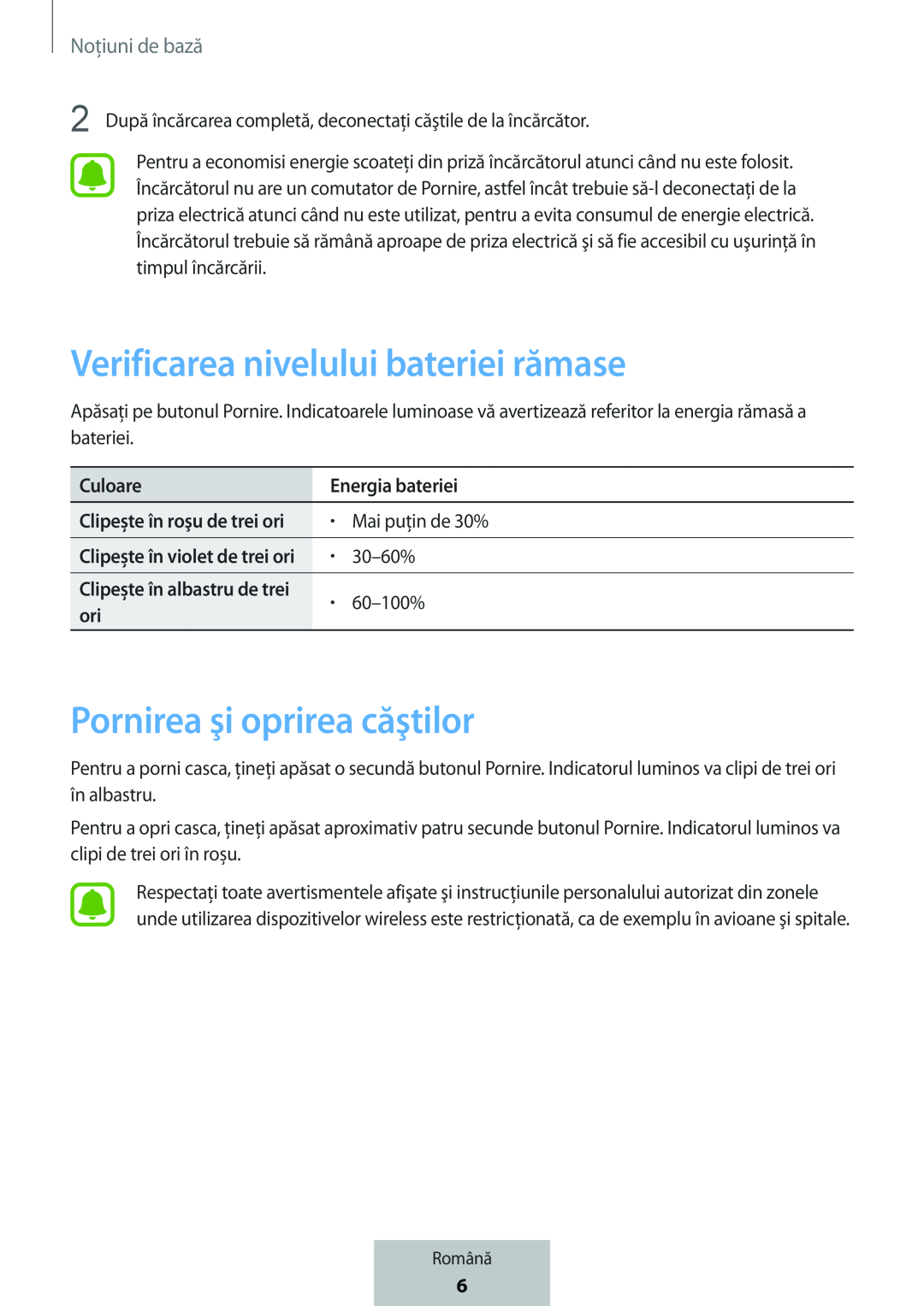 Verificarea nivelului bateriei rămase Pornirea şi oprirea căştilor