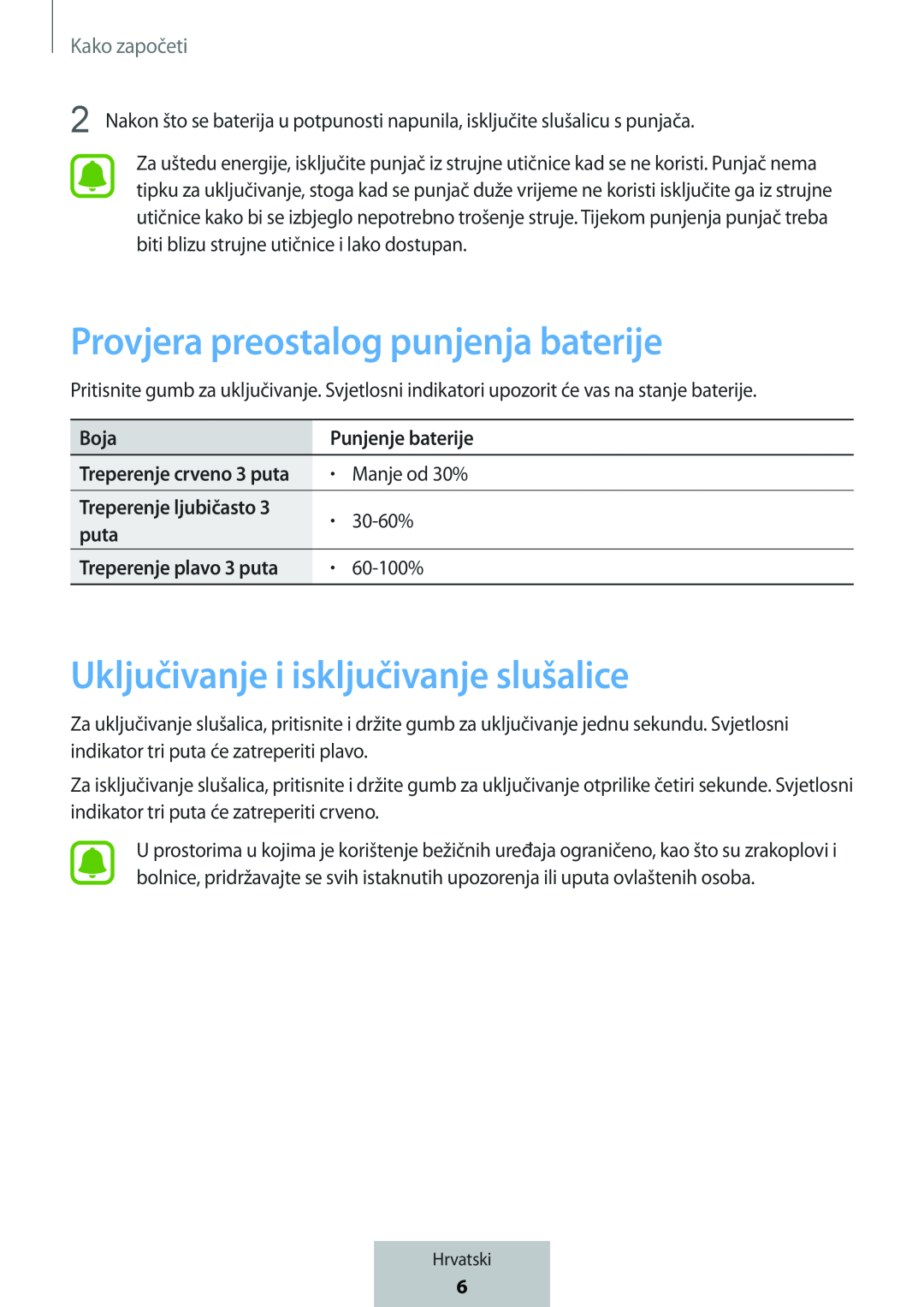 Provjera preostalog punjenja baterije Uključivanje i isključivanje slušalice