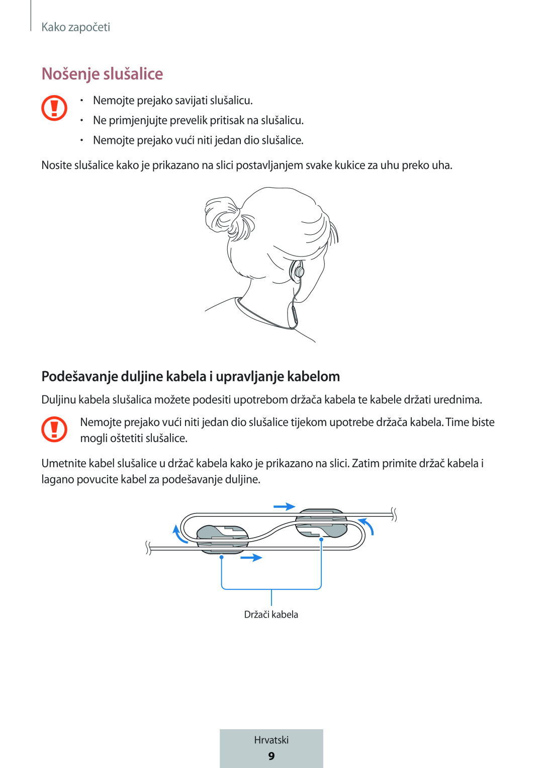 Podešavanje duljine kabela i upravljanje kabelom Nošenje slušalice