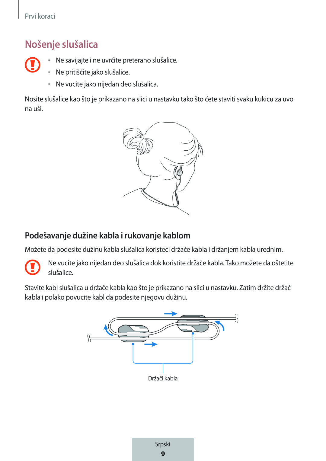 Podešavanje dužine kabla i rukovanje kablom Nošenje slušalica