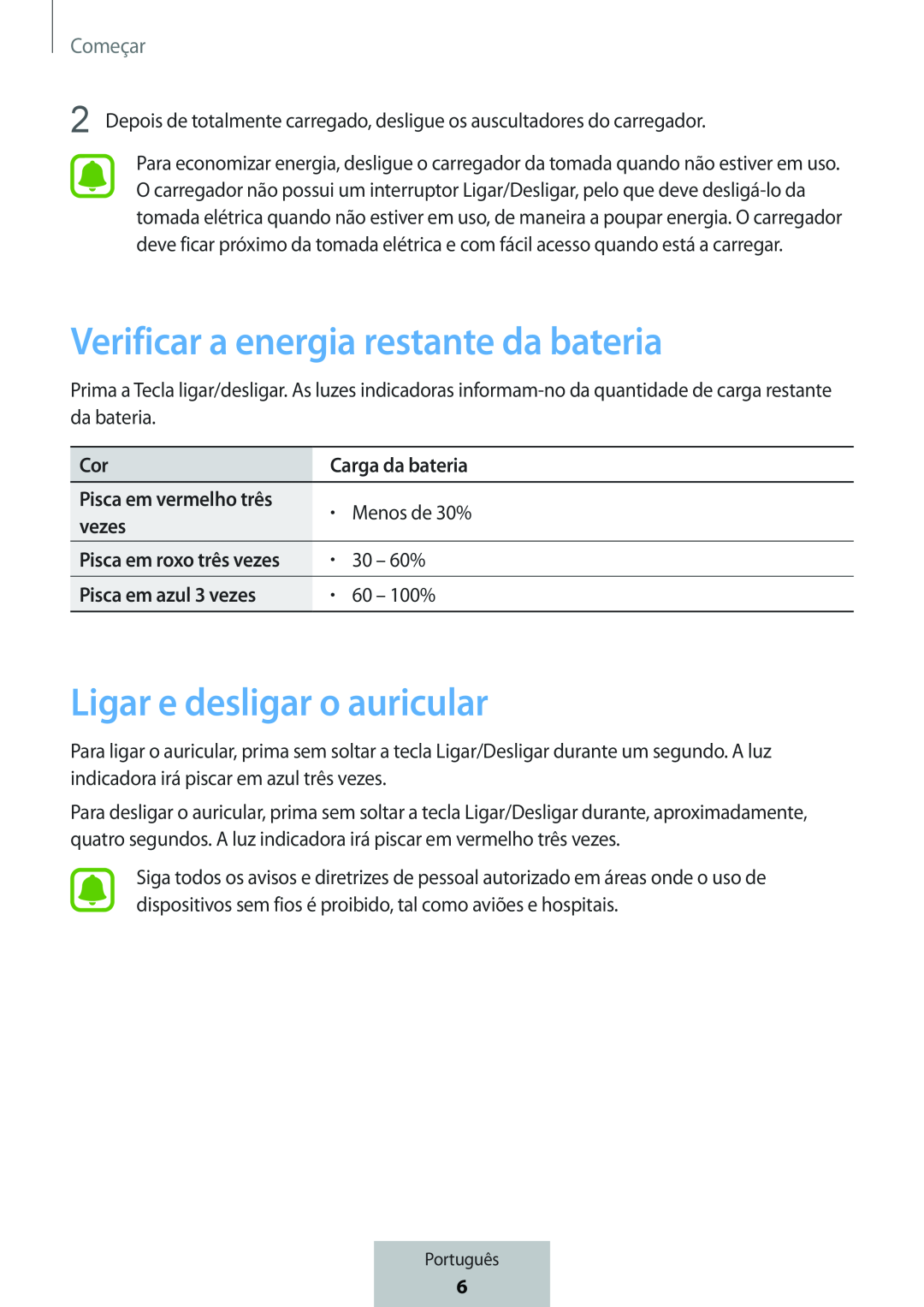 Verificar a energia restante da bateria Ligar e desligar o auricular