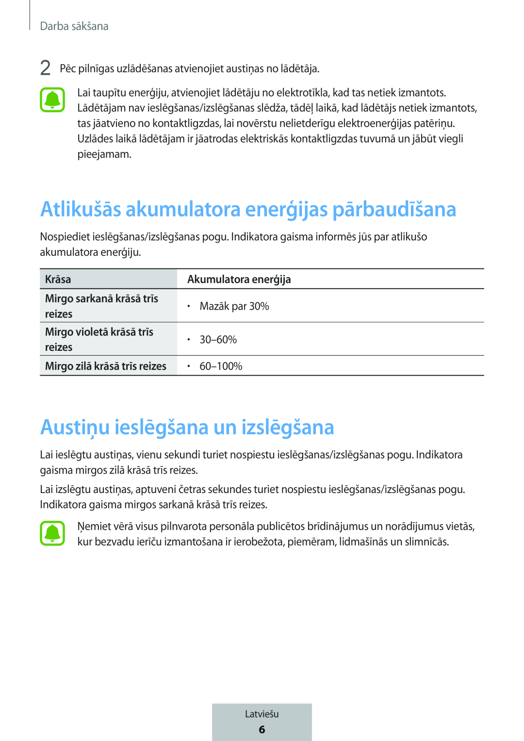 Atlikušās akumulatora enerģijas pārbaudīšana Austiņu ieslēgšana un izslēgšana