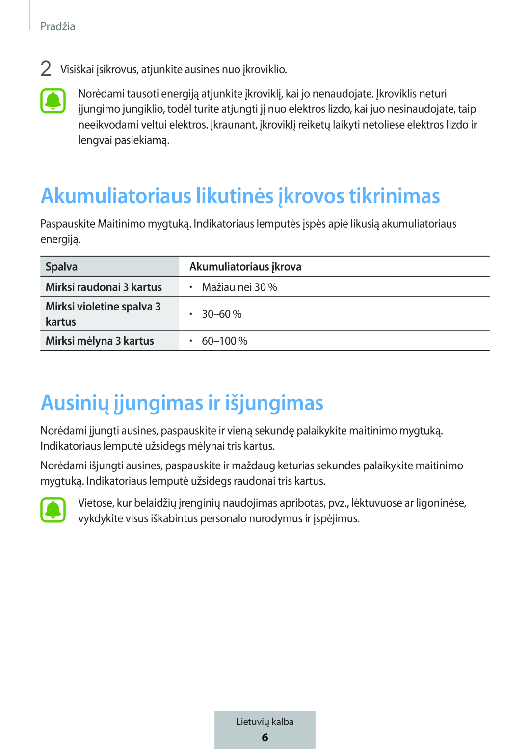 Akumuliatoriaus likutinės įkrovos tikrinimas Ausinių įjungimas ir išjungimas