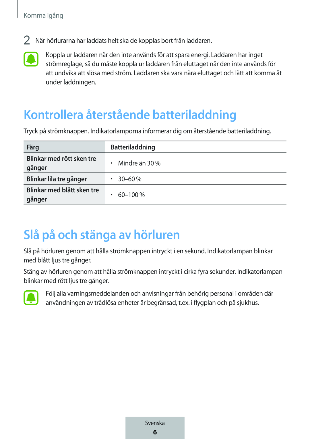 Kontrollera återstående batteriladdning Slå på och stänga av hörluren