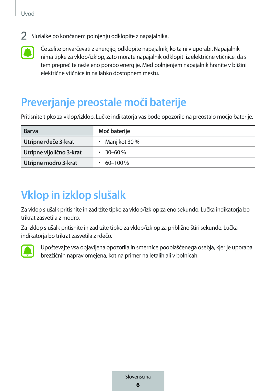 Preverjanje preostale moči baterije Vklop in izklop slušalk