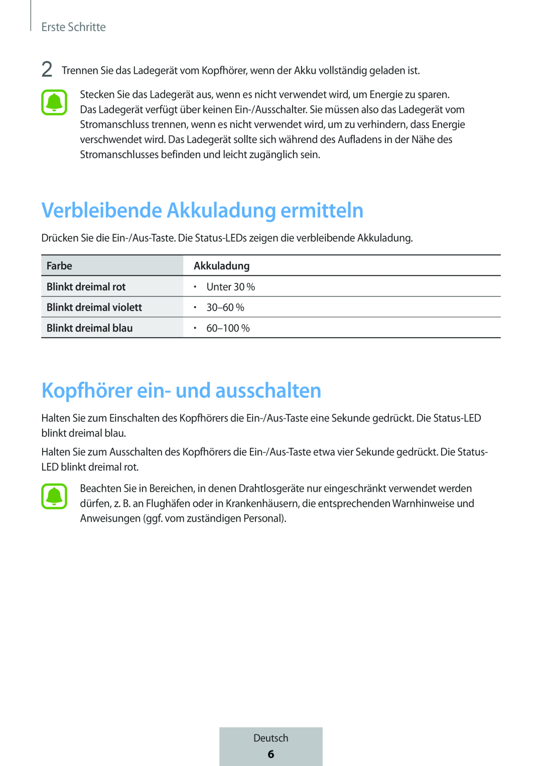 Verbleibende Akkuladung ermitteln Kopfhörer ein- und ausschalten