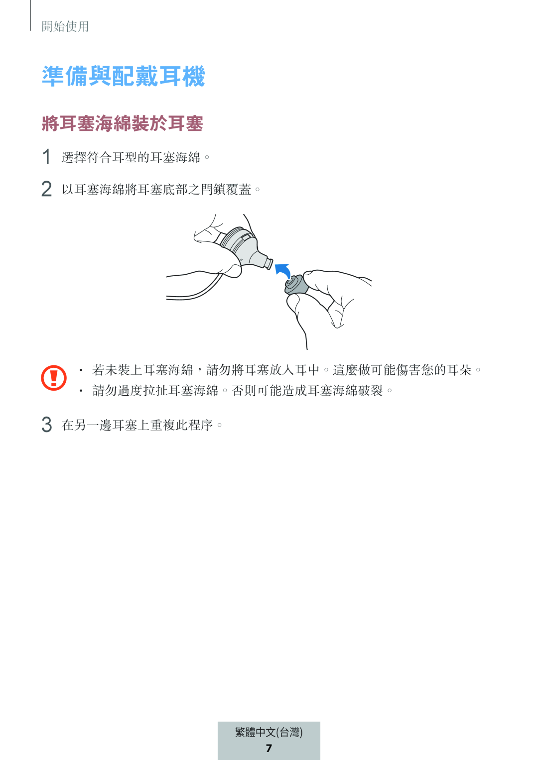 將耳塞海綿裝於耳塞 準備與配戴耳機