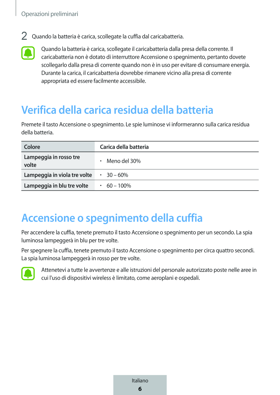 Verifica della carica residua della batteria Accensione o spegnimento della cuffia