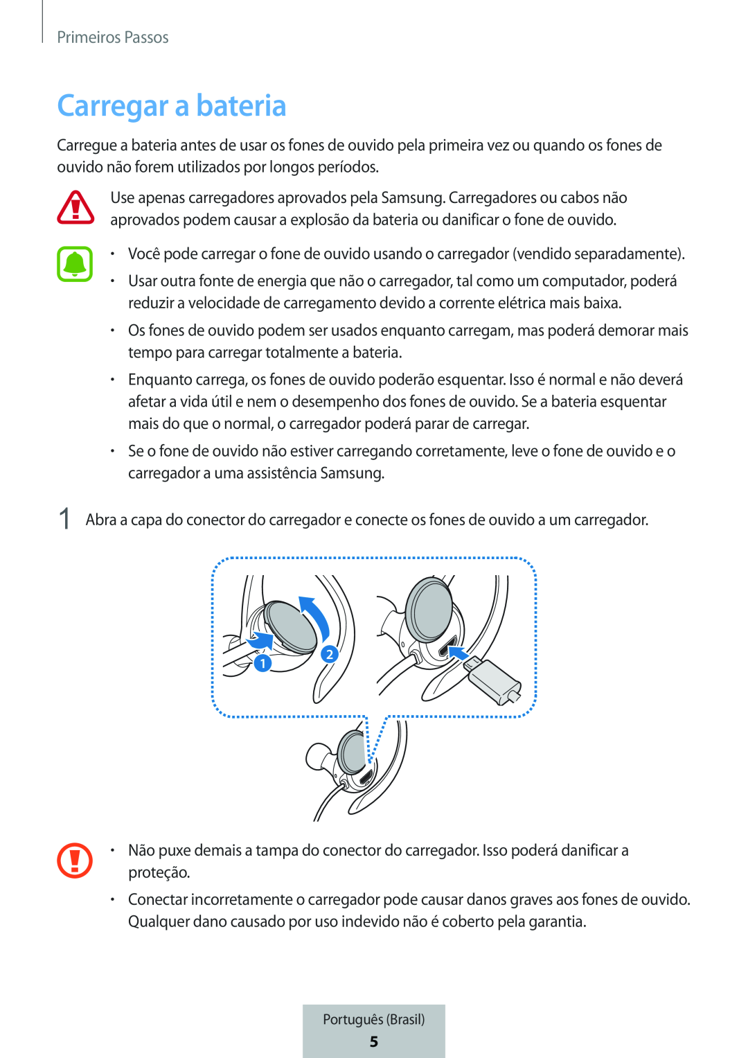 •Não puxe demais a tampa do conector do carregador. Isso poderá danificar a In-Ear Headphones Level Active Headphones