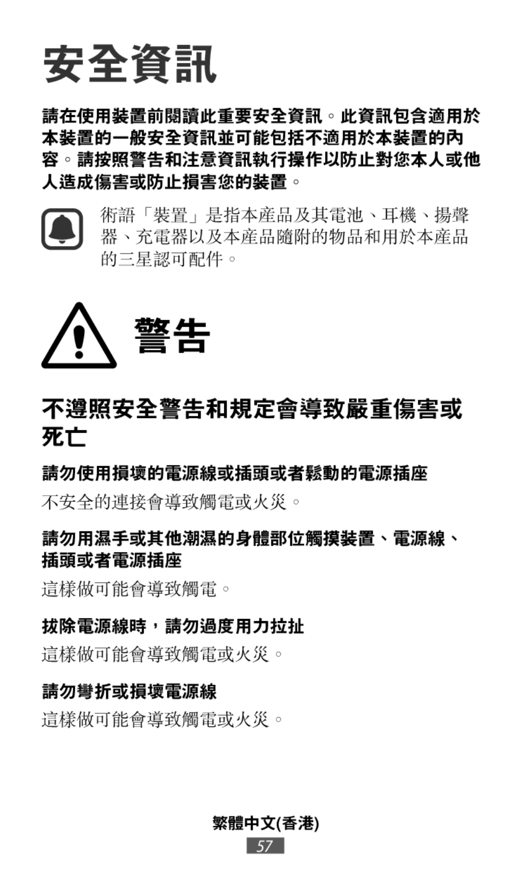 請勿使用損壞的電源線或插頭或者鬆動的電源插座 不安全的連接會導致觸電或火災。