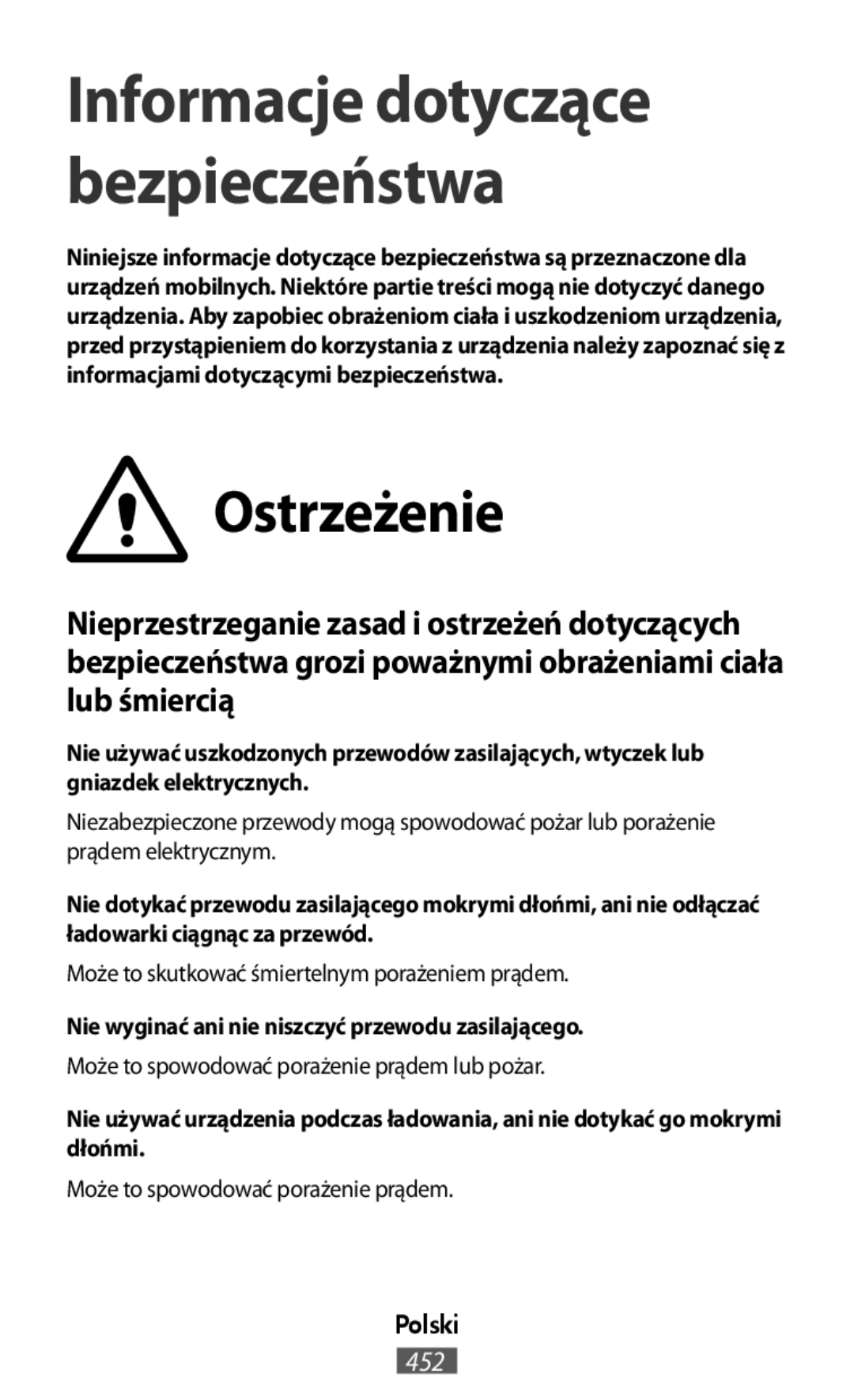 Informacje dotyczące bezpieczeństwa Ostrzeżenie