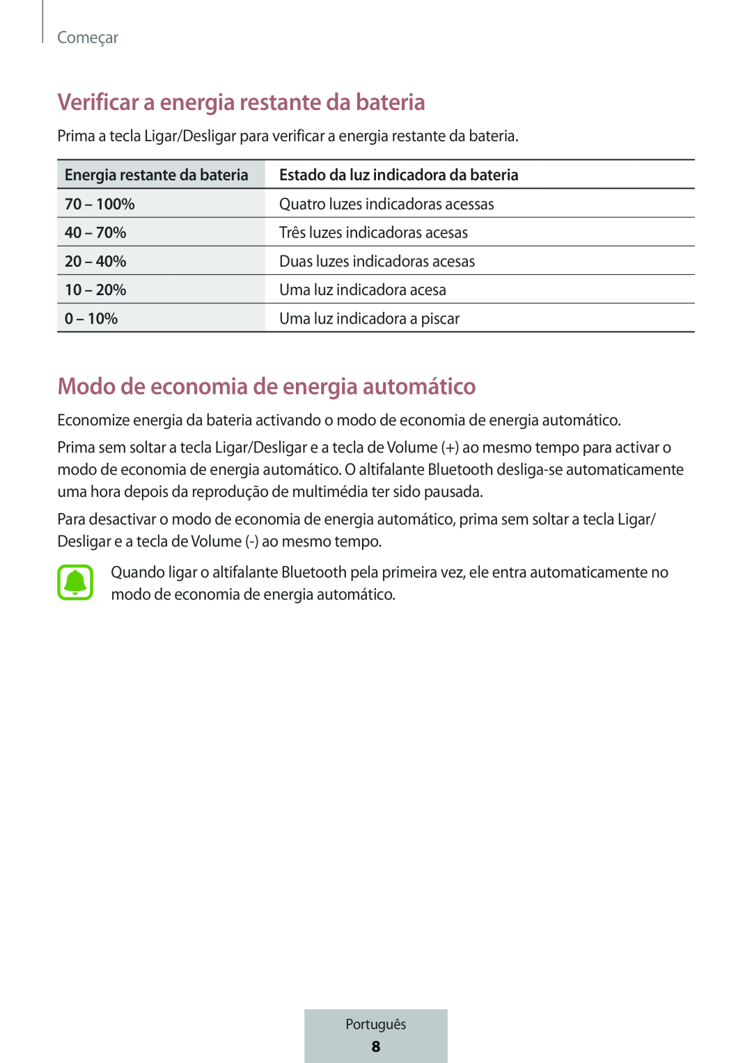 Verificar a energia restante da bateria Modo de economia de energia automático