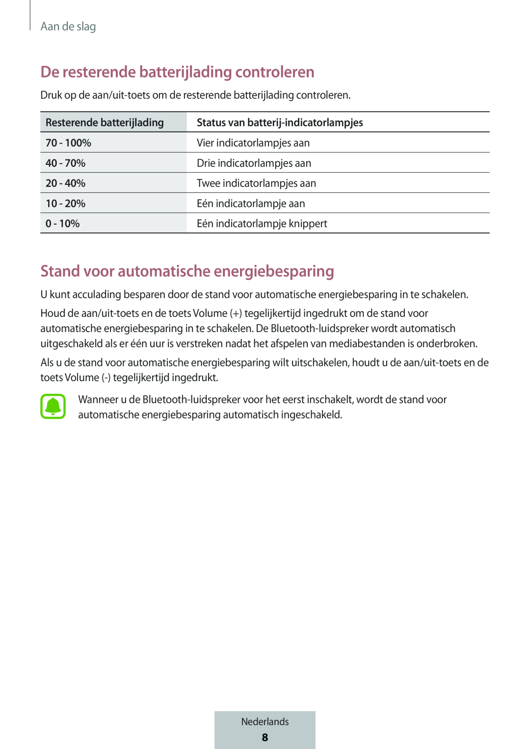 De resterende batterijlading controleren Stand voor automatische energiebesparing