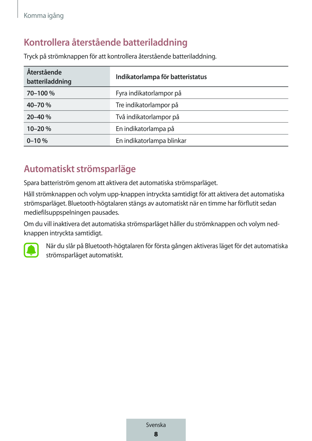 Kontrollera återstående batteriladdning Automatiskt strömsparläge