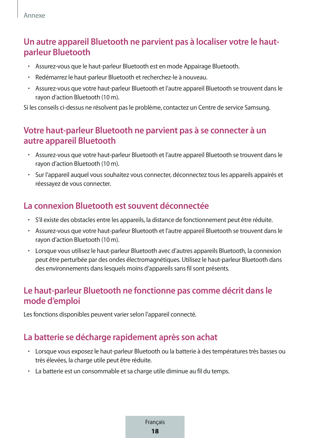 La connexion Bluetooth est souvent déconnectée Le haut-parleurBluetooth ne fonctionne pas comme décrit dans le mode d’emploi