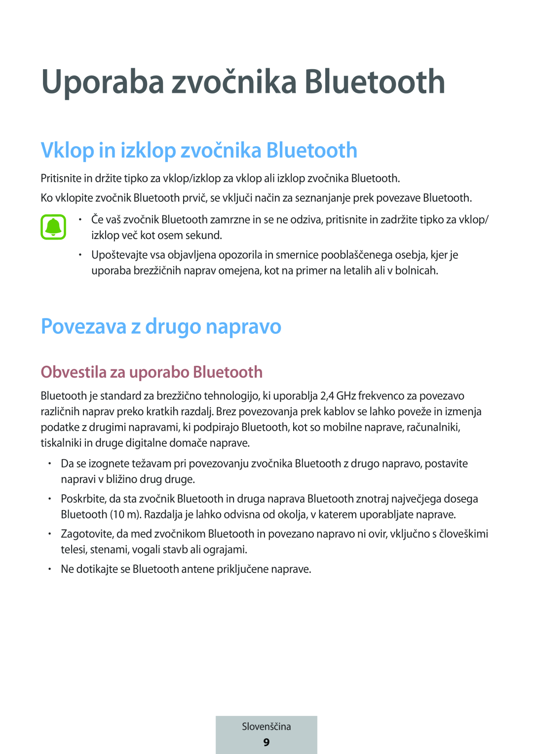 Vklop in izklop zvočnika Bluetooth Povezava z drugo napravo