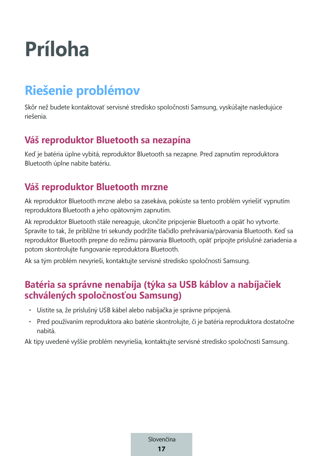 Príloha Váš reproduktor Bluetooth sa nezapína