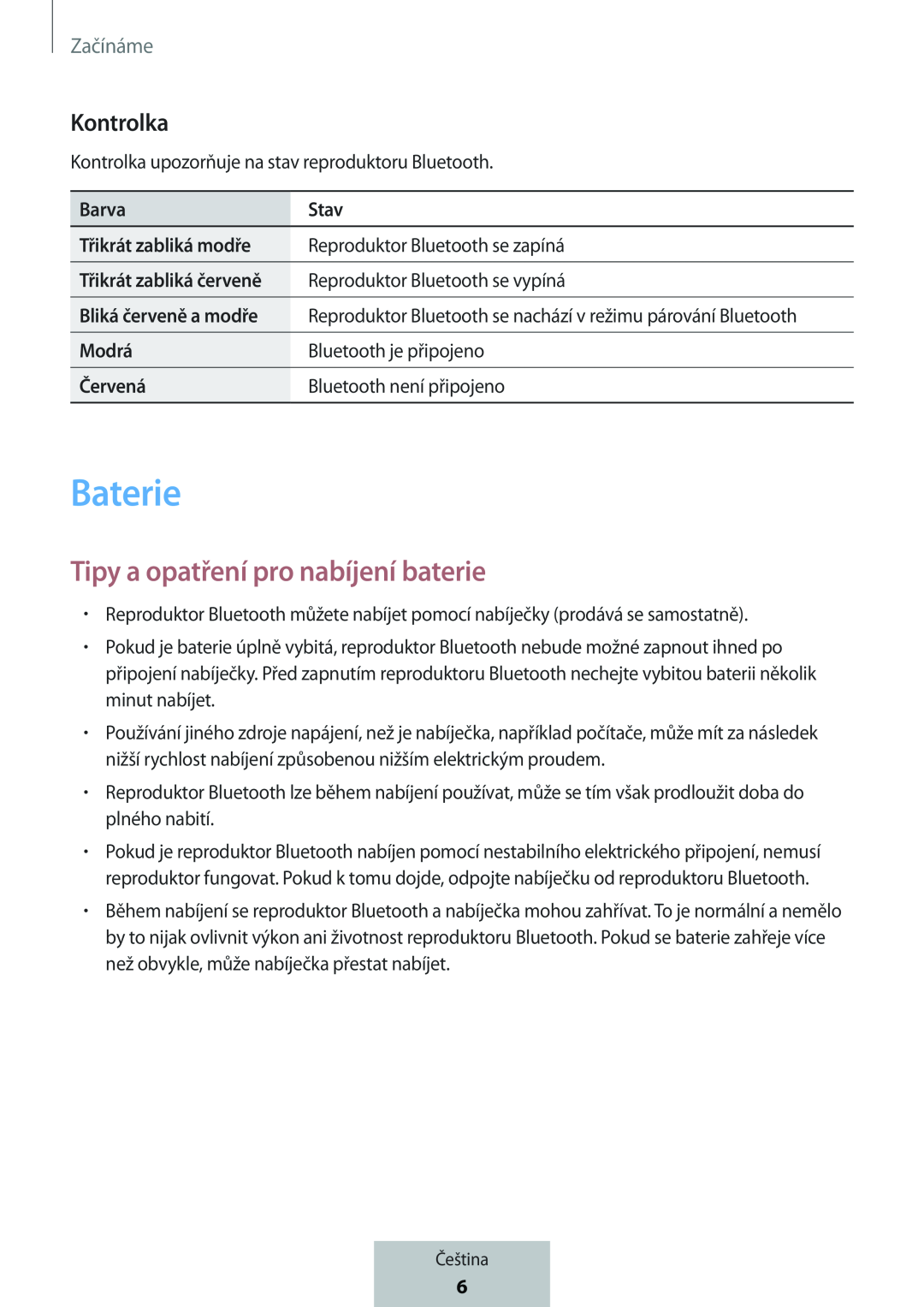 Kontrolka Tipy a opatření pro nabíjení baterie