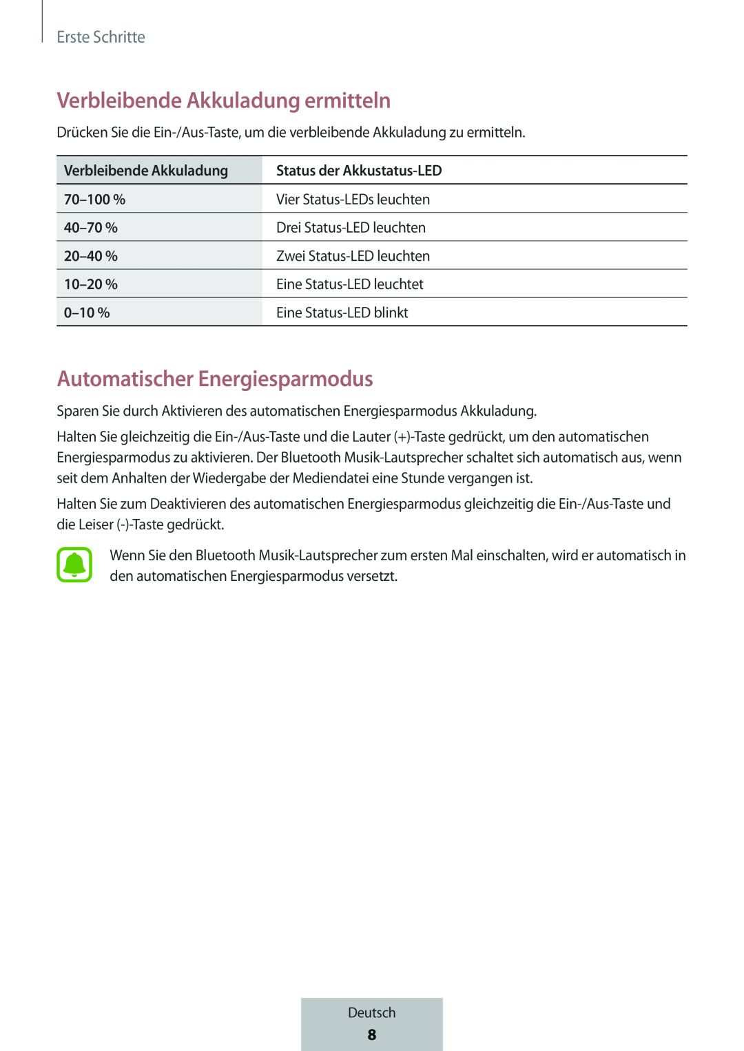 Verbleibende Akkuladung ermitteln Automatischer Energiesparmodus