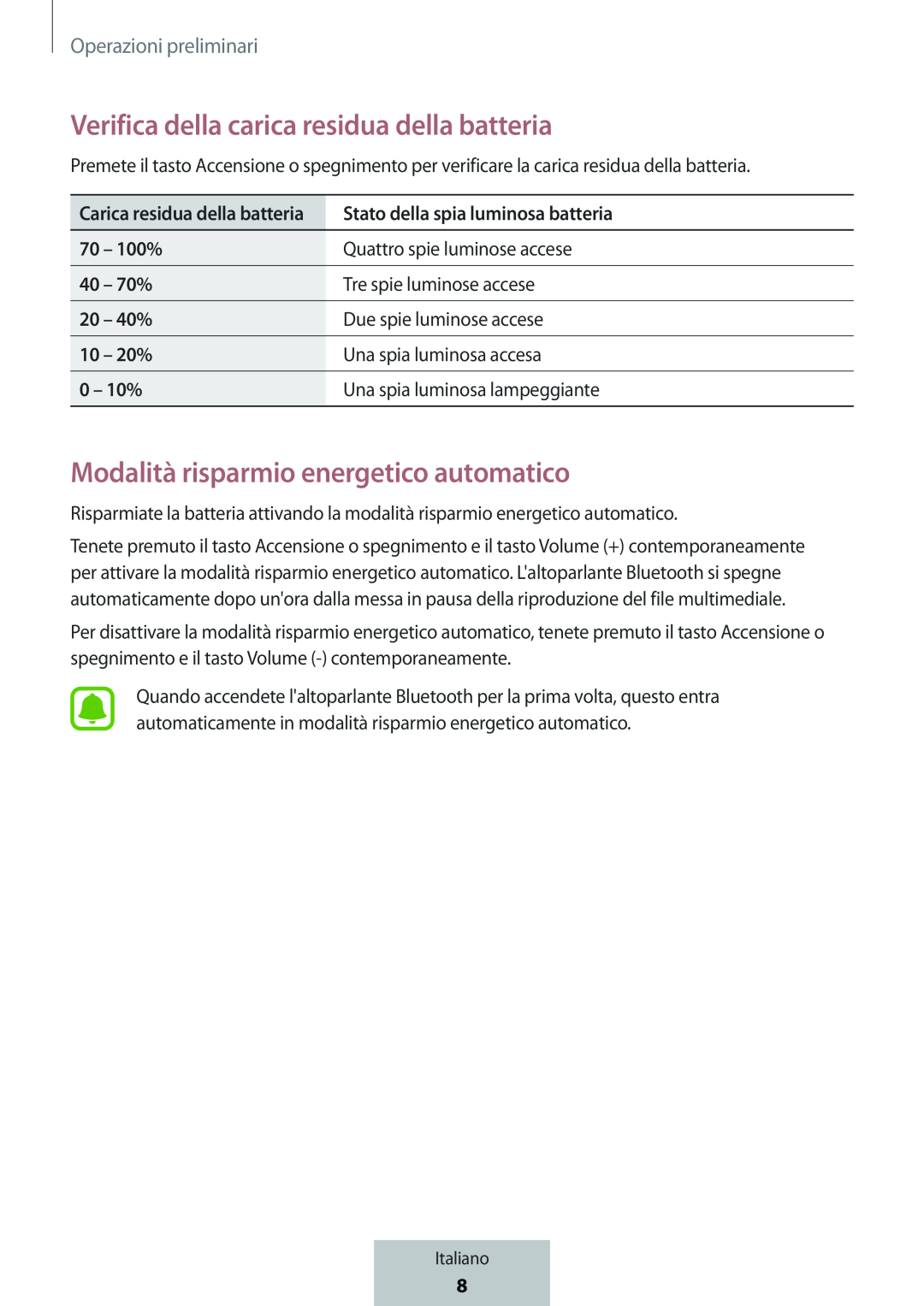 Verifica della carica residua della batteria Modalità risparmio energetico automatico