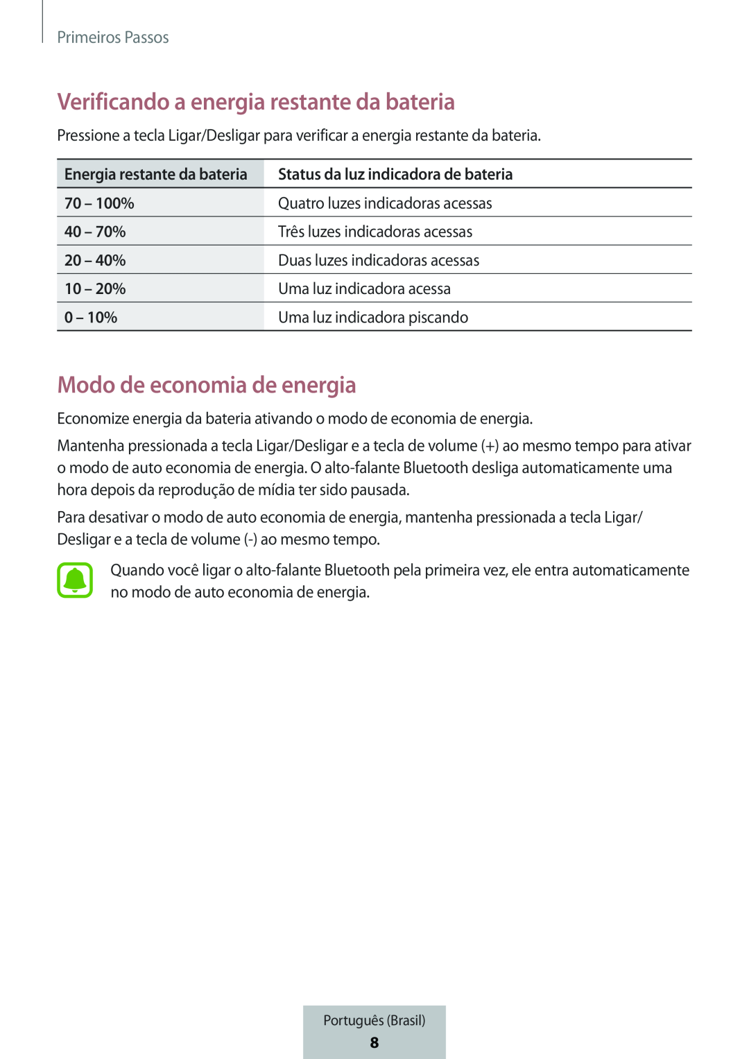 Verificando a energia restante da bateria Modo de economia de energia