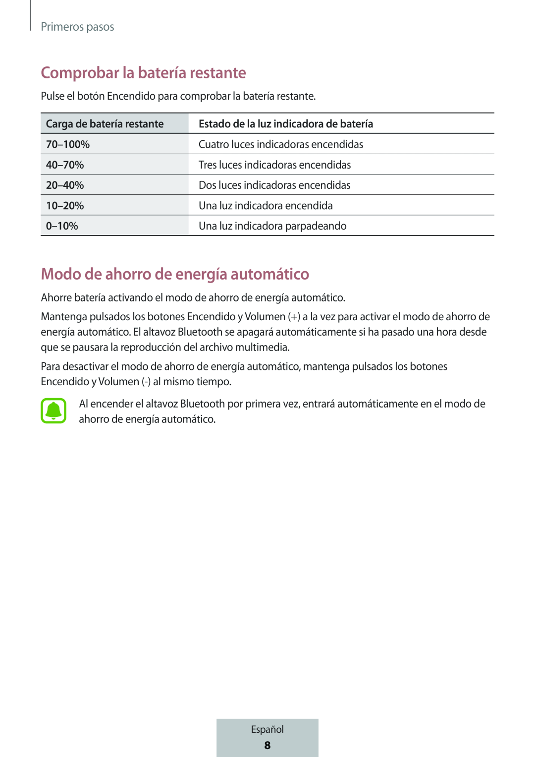 Comprobar la batería restante Modo de ahorro de energía automático