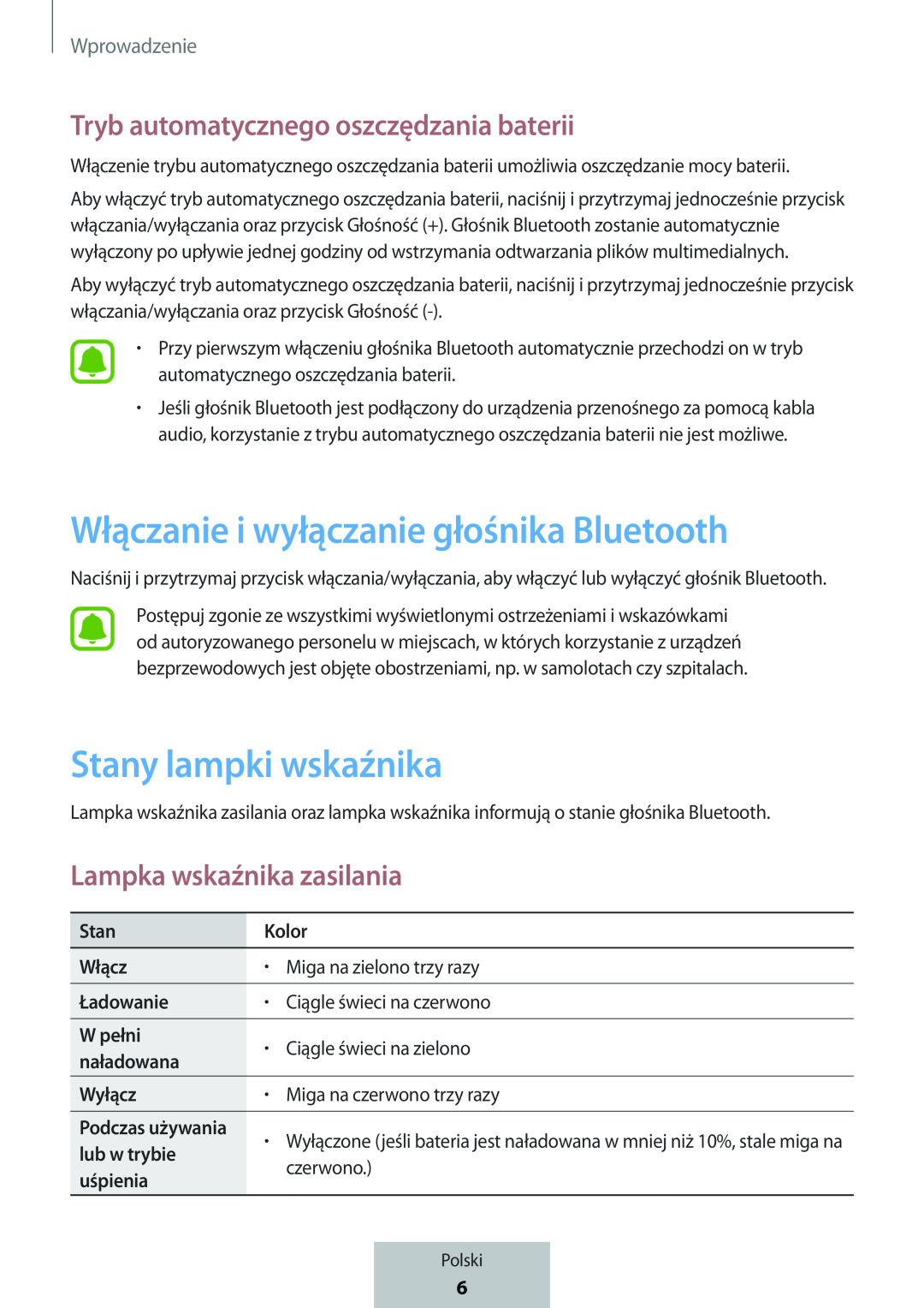 Tryb automatycznego oszczędzania baterii Lampka wskaźnika zasilania