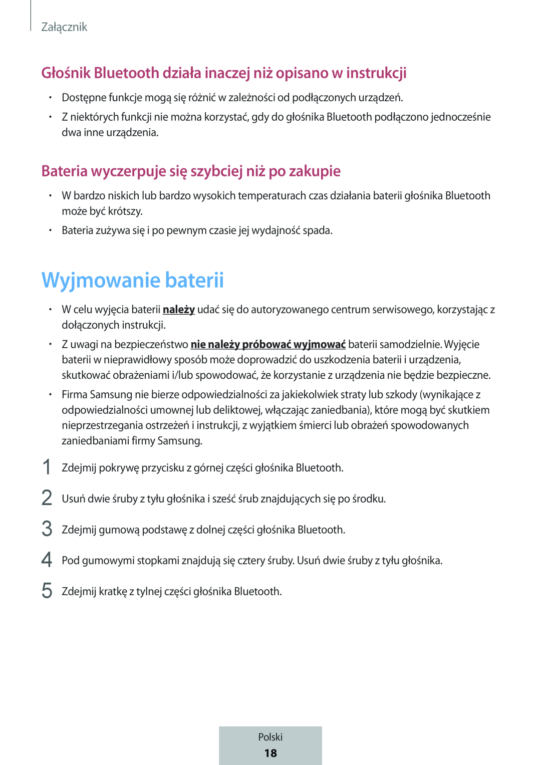 Głośnik Bluetooth działa inaczej niż opisano w instrukcji Bateria wyczerpuje się szybciej niż po zakupie