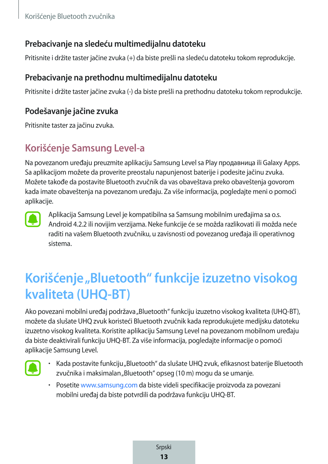 Korišćenje„Bluetooth“ funkcije izuzetno visokog kvaliteta (UHQ-BT) Prebacivanje na sledeću multimedijalnu datoteku