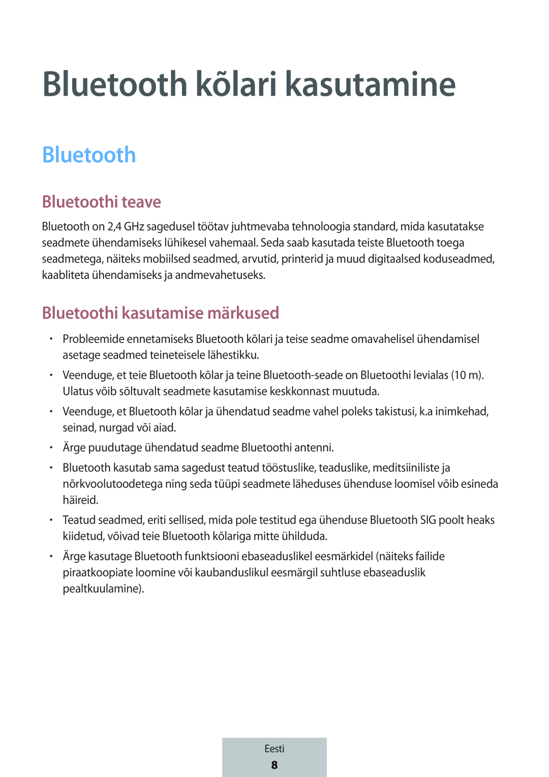 Bluetooth kõlari kasutamine Bluetoothi teave