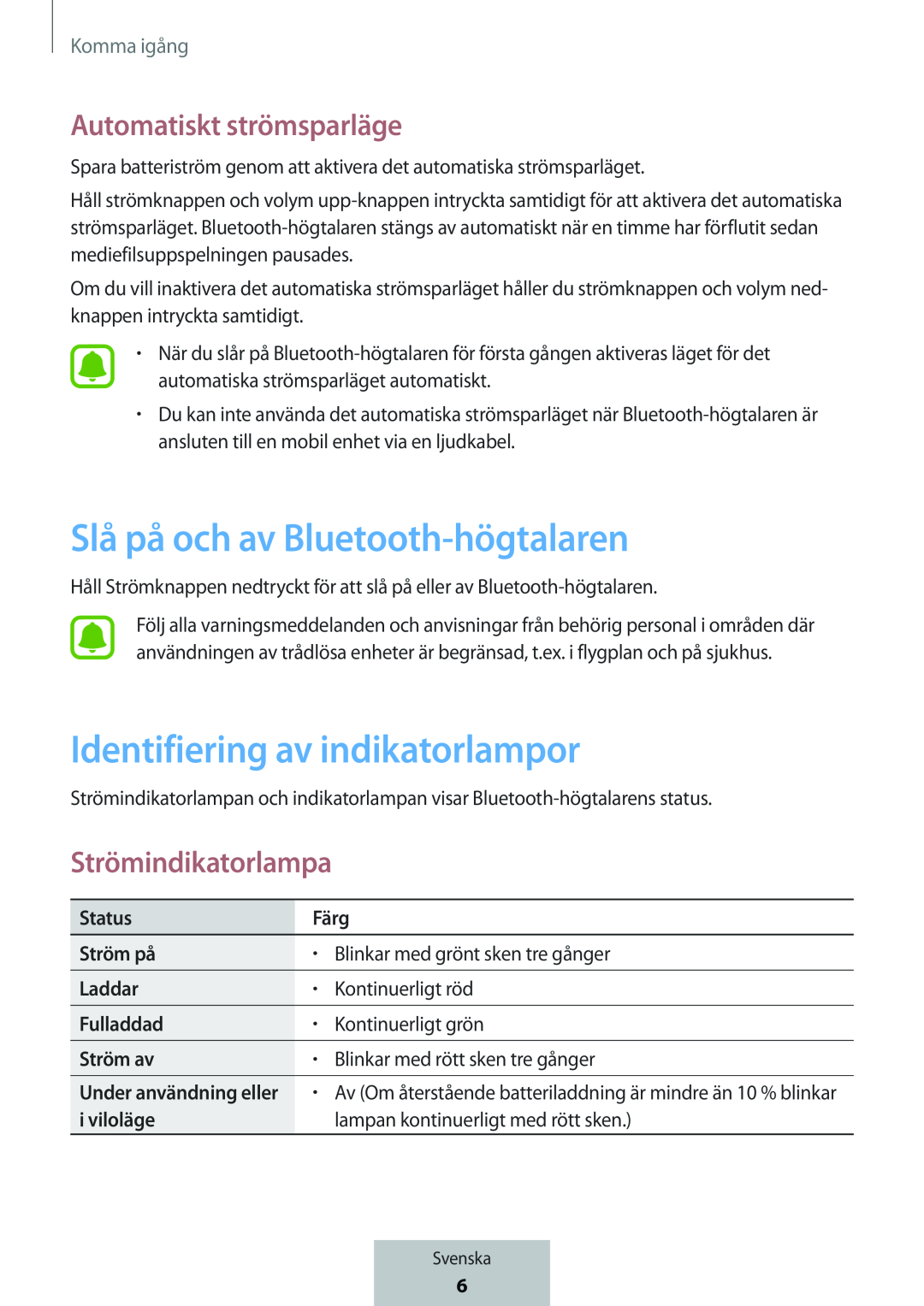 Slå på och av Bluetooth-högtalaren Identifiering av indikatorlampor