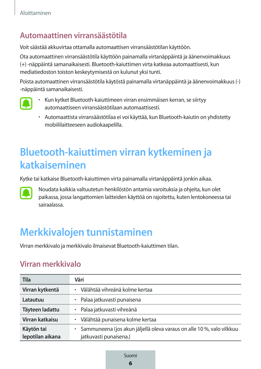 Bluetooth-kaiuttimenvirran kytkeminen ja katkaiseminen Merkkivalojen tunnistaminen